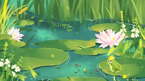 七月睡莲水草池塘青蛙夏季系列插画