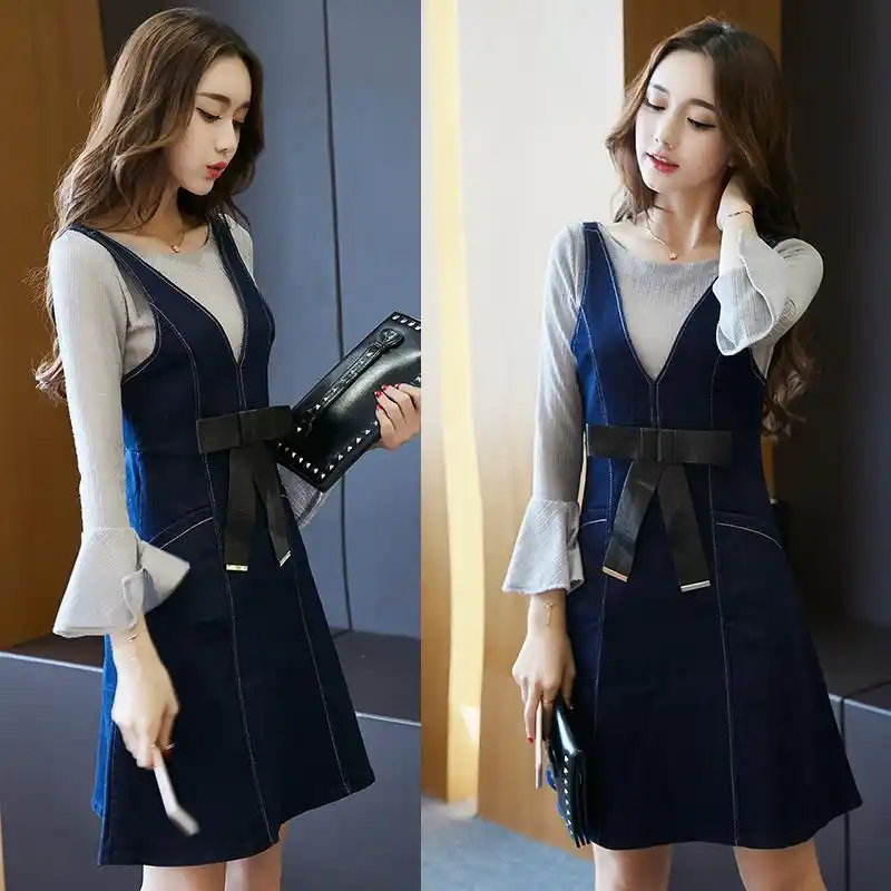 春装大码女装欧美小香风背带连衣裙胖mm两件套时尚名媛a字套装裙