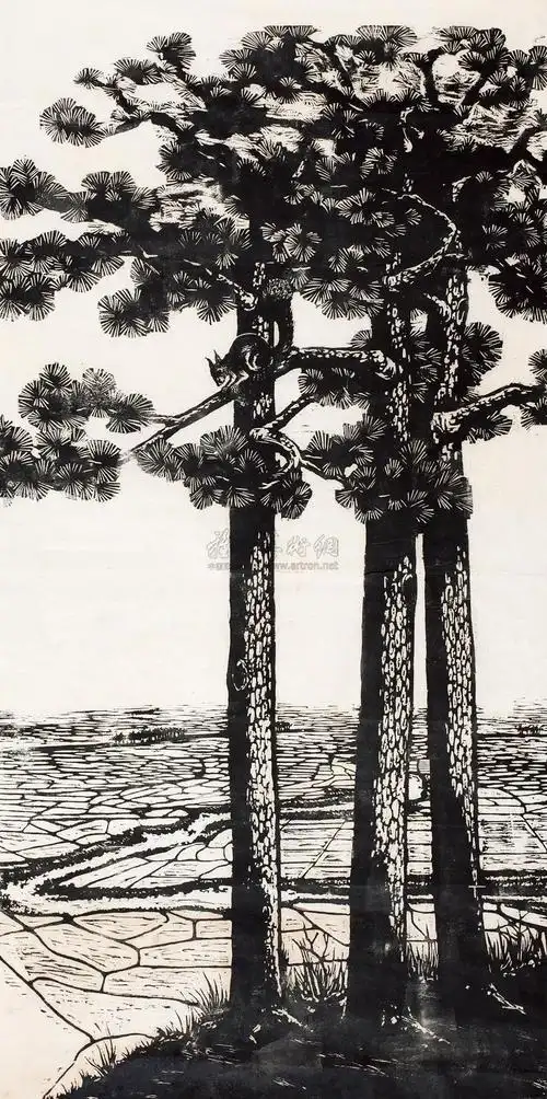 8854 1980年作 木刻黑白版画《劲松》 (一件)