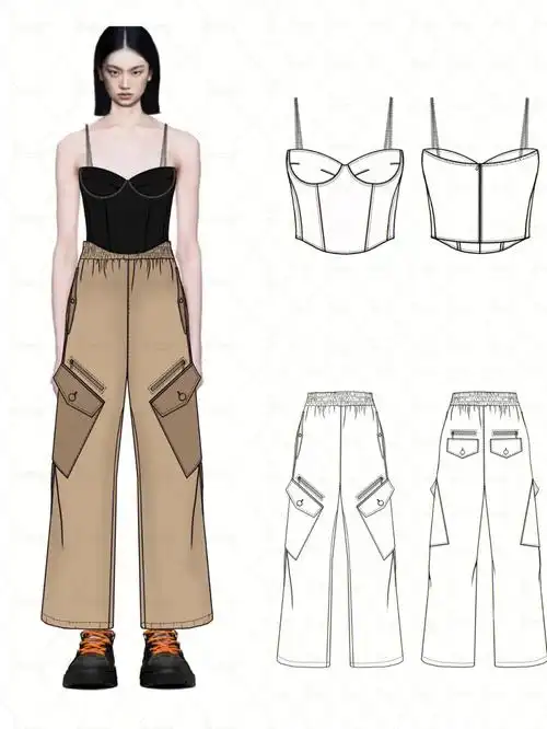 procreate链条吊带工装裤设计款式图