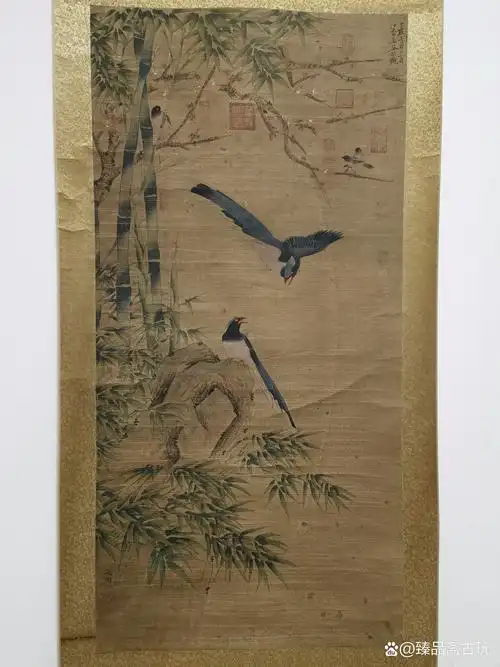 宋代·文同【梅竹喜鹊图】:画芯65x135cm,原装老裱.