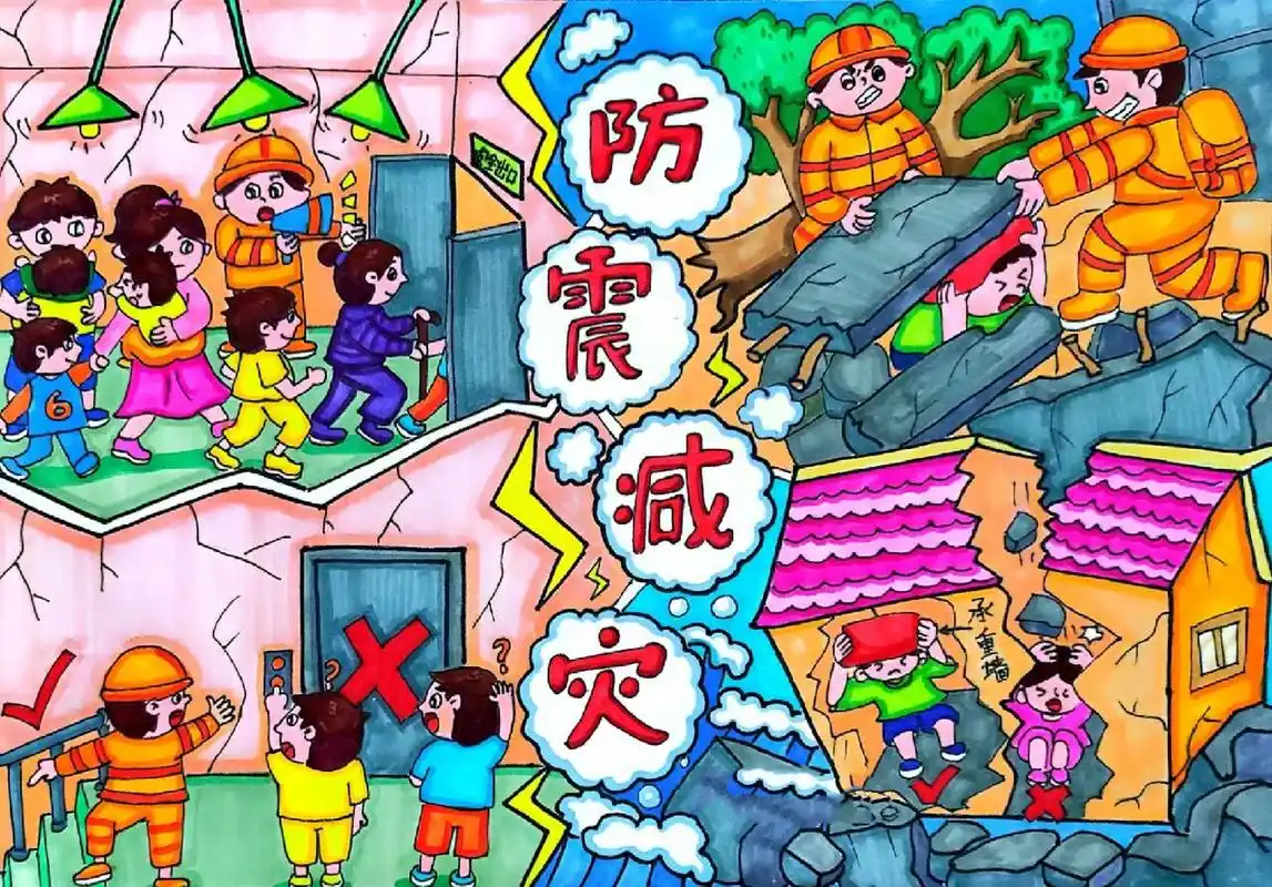 儿童画教程|《防震减灾主题画》 线稿93打印多尺寸上色,点击左下角