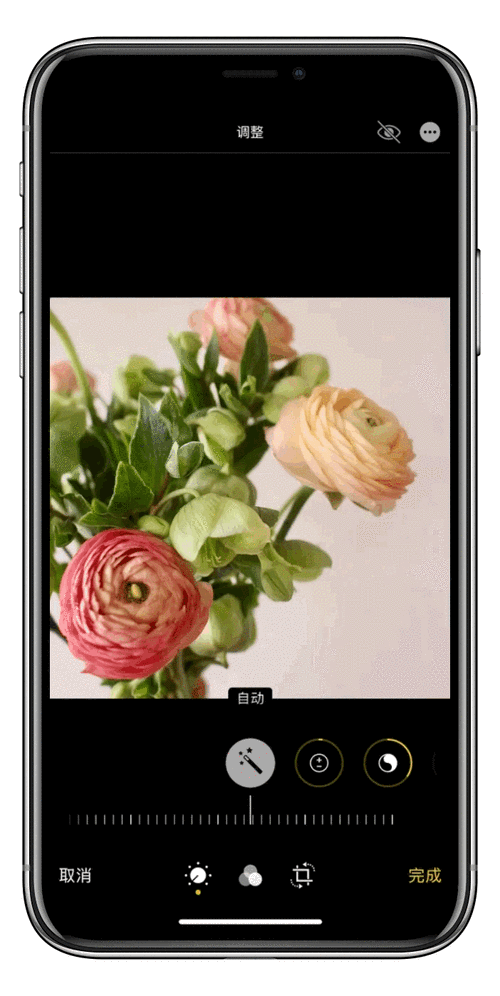 选择底端左边第一个参数调整,点击自动,手机就会调整照片的亮度,对比