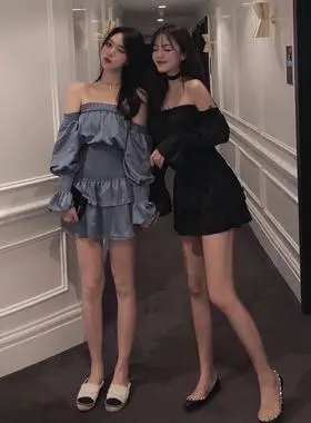 春季姐妹闺蜜装ins风性感一字肩露肩露背荷叶边显瘦抹胸连衣裙