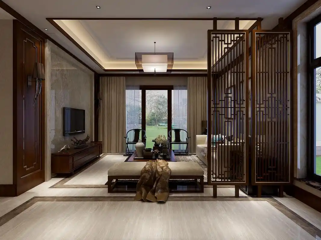 顶面石膏板造型吊顶加实木线条进行点缀,更显新中式,突出顶面的层次感