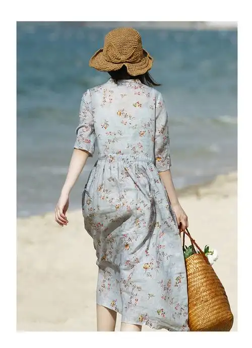 《碎花棉麻连衣裙女2021新款夏装文艺复古气质宽松显瘦v领中长裙子 山