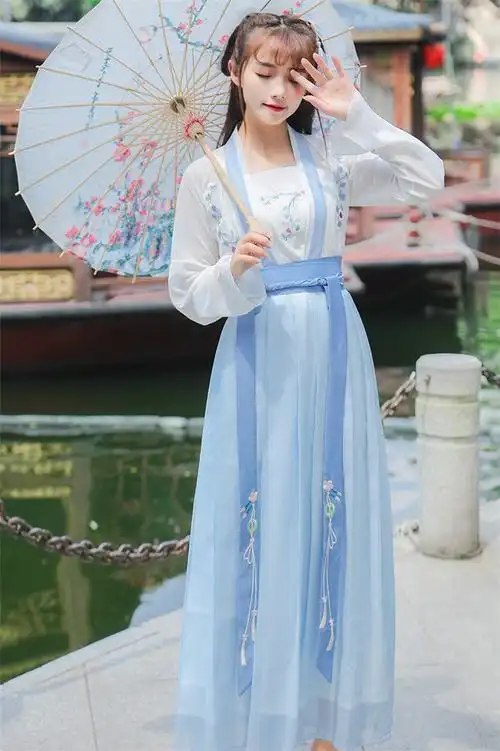 窈欣 汉服女学生古装飘逸古装女 汉服 超仙齐腰改良版淡雅中学生春夏