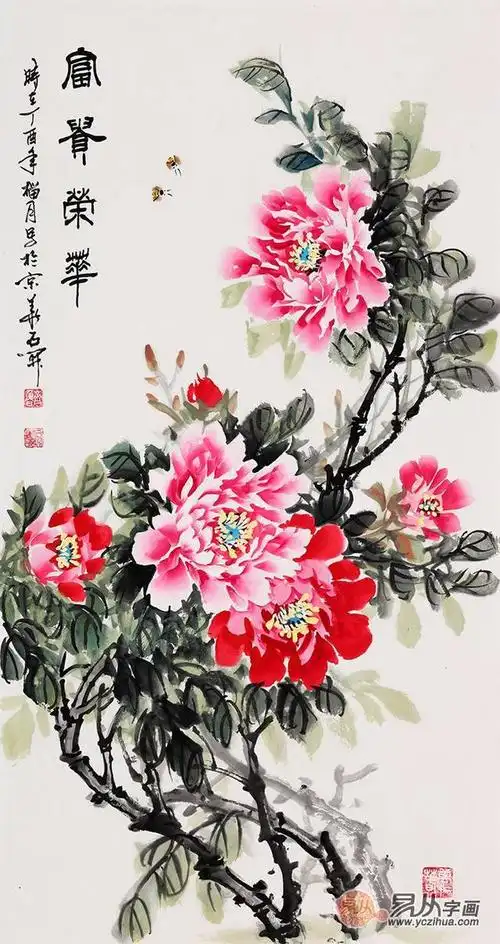 石开新品三尺竖副牡丹图《富贵荣华》(作品来源:易从网)