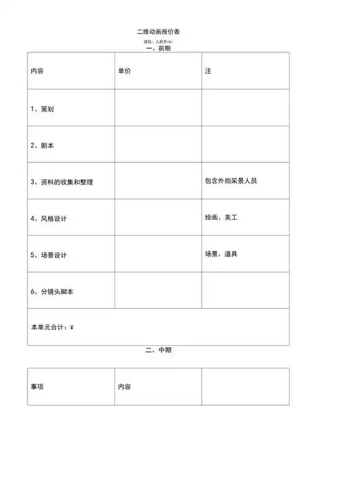 三维动画报价单