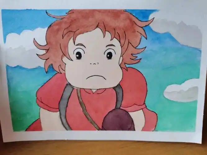 超可爱的波妞水彩纸:宝虹300g细纹32k笔:黑天鹅六号,贝碧欧小绿笔颜料