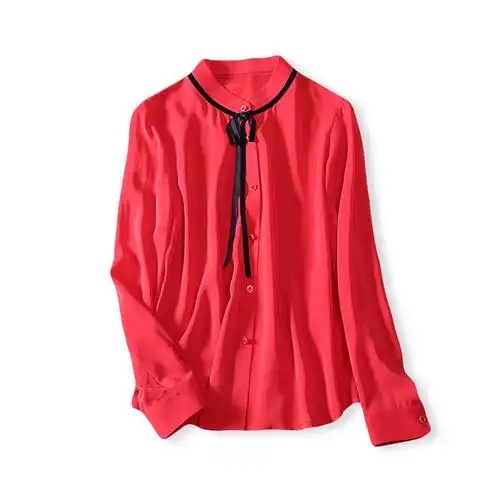 真丝衬衫女2018春装新款重磅桑蚕丝上衣红色飘带蝴蝶结长袖衬衣女