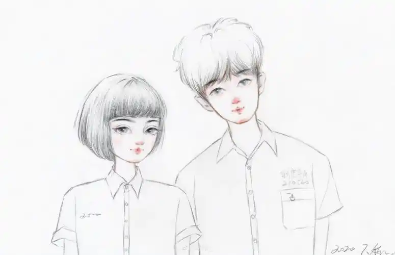 人物黑白动漫插画绘画线稿手绘女生男生长发短发转载二次元