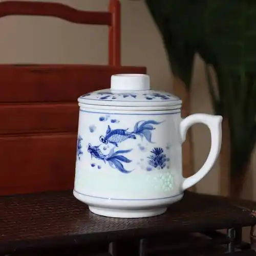 手绘青花玲珑杯陶瓷带盖内胆过滤泡茶杯办公室家用会议送礼