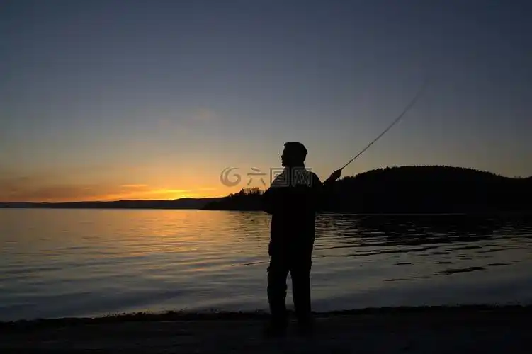日落,钓鱼,一