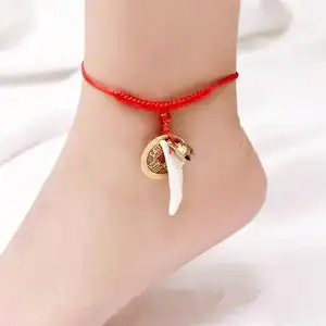 铜钱狗牙脚链本命年太岁绳手工编织金刚结红绳情侣宝宝小铃铛脚绳