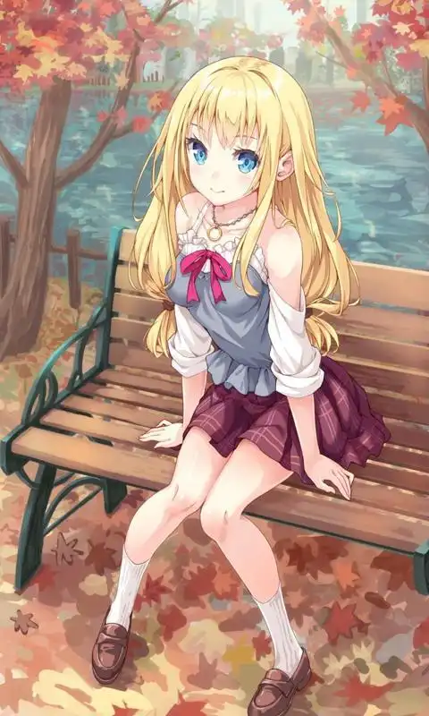 秋天公园椅子可爱动漫女生手机壁纸