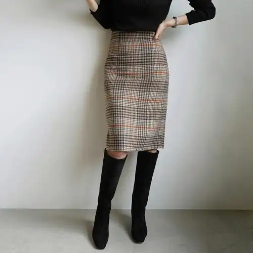 graychic秋冬复古格纹高腰半身裙