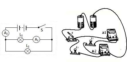 连接实物图,要求两灯并联,开关控制整个电路,a