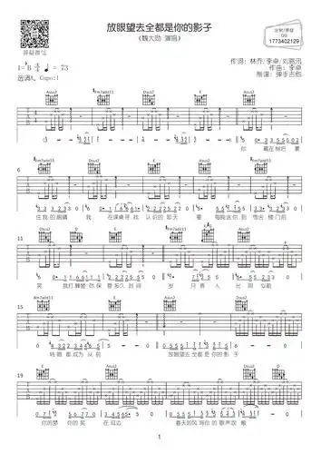 魏大勋 - 放眼望去全都是你的影子(弹手吉他编配)吉他谱(图片谱,a调
