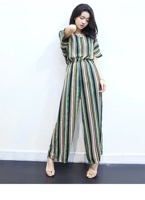 ae2016夏季新款韩版女装v领短袖高腰显瘦条纹连体裤休闲裤女裤