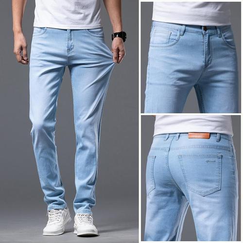 款冰丝直筒修身高弹力牛仔裤男柔软浅色透气高端水洗长裤 浅蓝色023