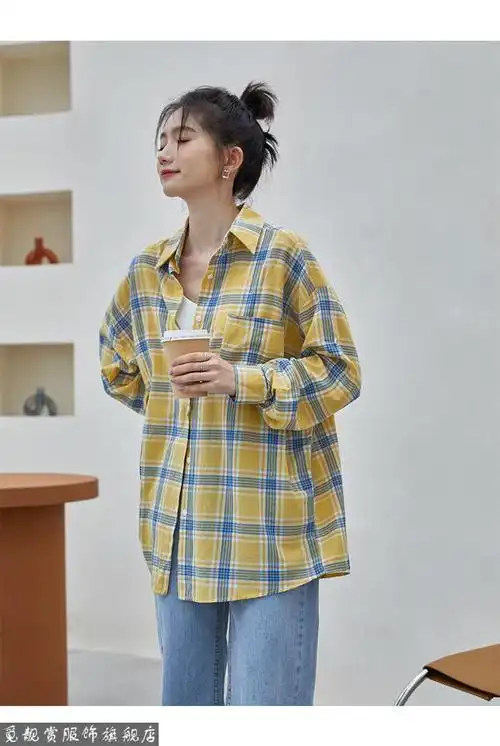 夏天穿的长袖初中生格子衬衣女生格格衬衫中学生春夏季慵懒显瘦棉麻女