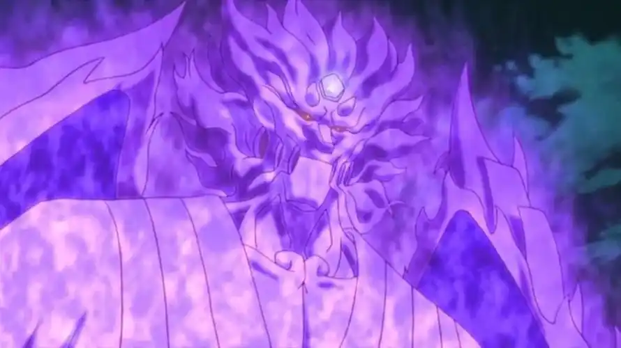 这也让因陀罗获得了万花筒写轮眼的力量,而他的须佐能乎有着深紫色的