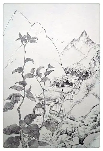 黑白线描风景插画