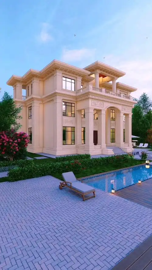 喜欢高端别墅的,看看这栋如何?外观气派豪华,两层落地窗加超高门厅.