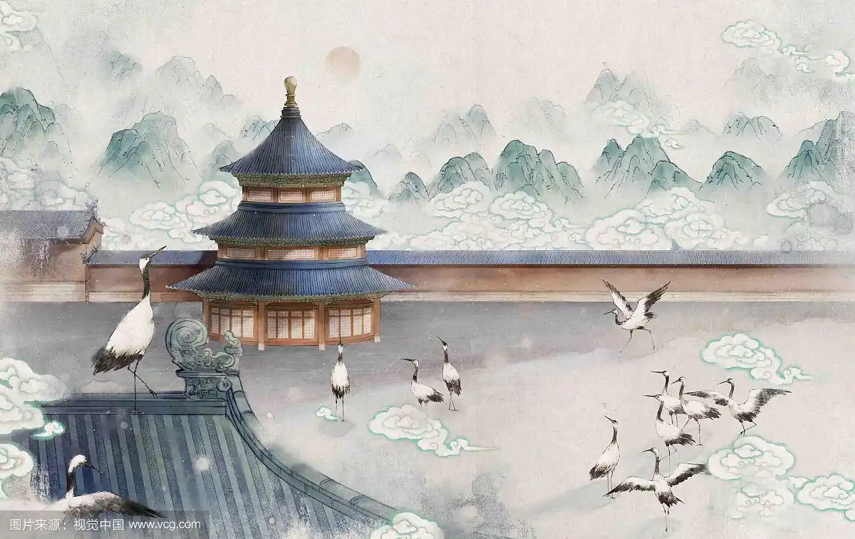 仙鹤天坛中国风古风水墨插图插画