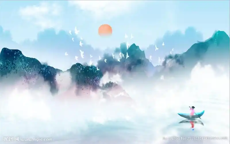 现代水墨山水风景旭日飞鸟背景墙