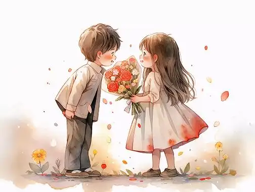 情侣男孩给女孩送花场景唯美浪漫情人节爱情双人手绘插画温馨氛围感
