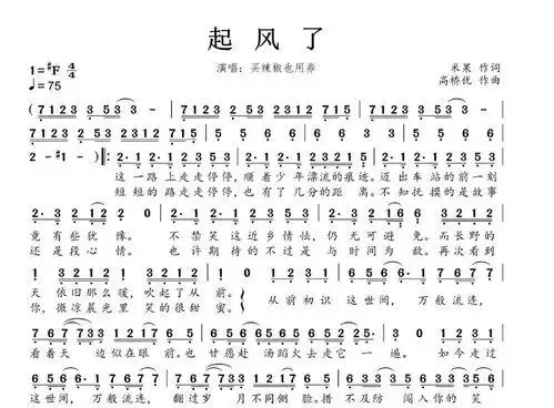 《起风了》简谱如下: 歌曲以升f调作为原调,节拍是4/4拍,歌曲节奏呈"