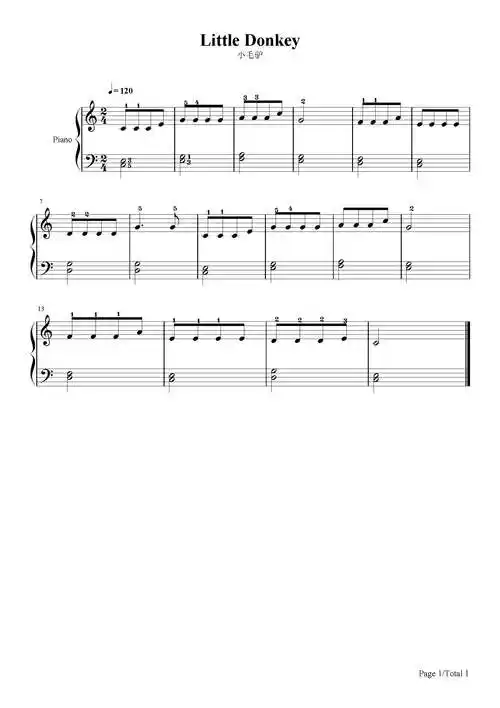 小毛驴-宝宝巴士-c调 -流行钢琴五线谱