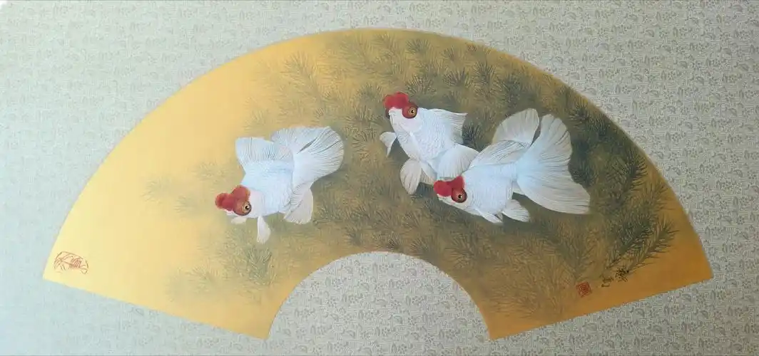 李新禹金笺金鱼扇面微展