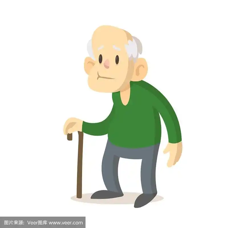 老人穿着绿色毛衣,拄着拐杖,卡通人物设计.