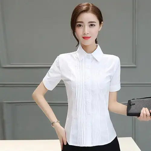闽绣白衬衫女短袖职业正装工作服大码2018新款棉商务半袖女衬衣白色