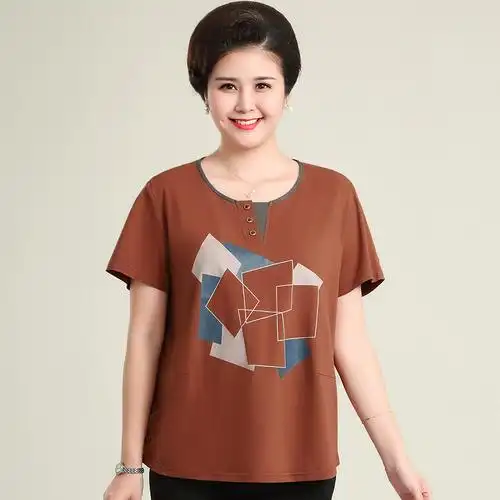 妈妈夏装短袖中老年女装印花圆领大码宽松t恤上衣40-50岁2022新款