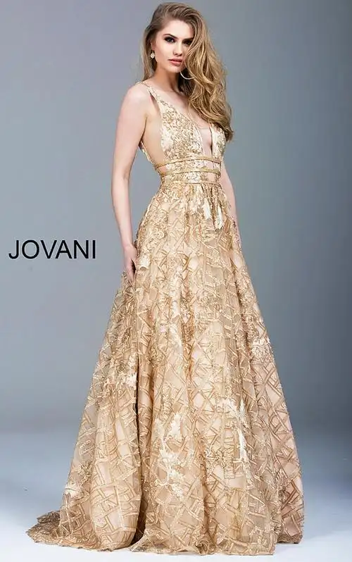 gold embellished backless evening ballgown