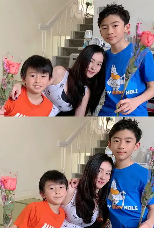 张柏芝晒儿子最新照片帅气大儿子个子超过妈二儿子颜值不如爹