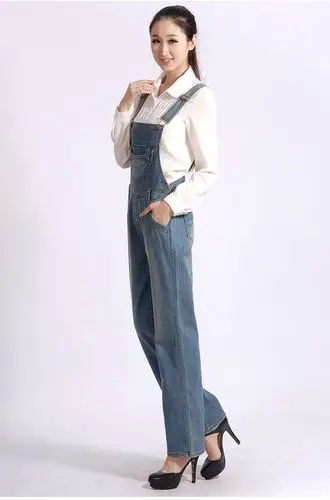 韩版时尚休闲背带牛仔裤 秋冬水洗高腰直筒裤 背带裤女 宽松裤图片_10