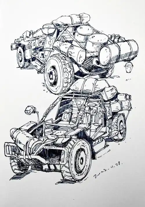沙滩车钢笔手绘速写