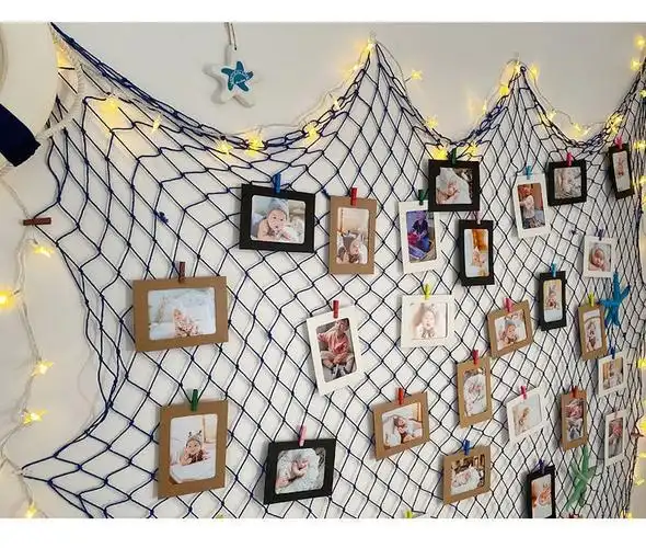 相片墙地中海渔网照片墙2022年新款客厅儿童房ins装饰品网格麻绳墙面