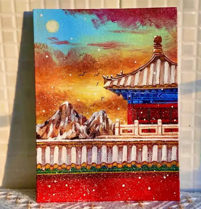 故宫红墙丙烯画后附步骤图