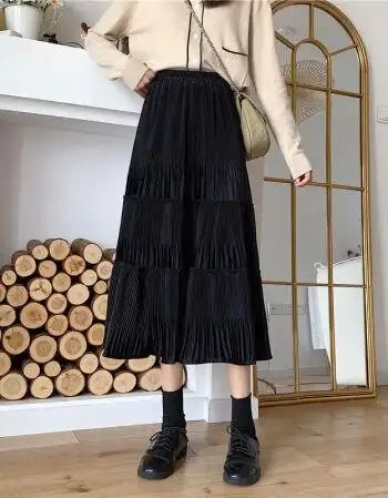 裙子春秋季半身裙长款金丝绒蛋糕裙百褶裙高腰显瘦百搭a字半身裙黑色