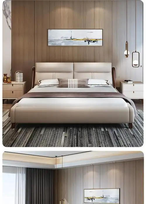 喜临门真皮床北欧轻奢床进口头层黄牛皮木制框架嵌入式床边双人床皮床