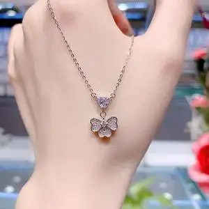 通体纯银s925锁骨链女夏银色简约满钻幸运四叶草吊坠不掉色项链潮