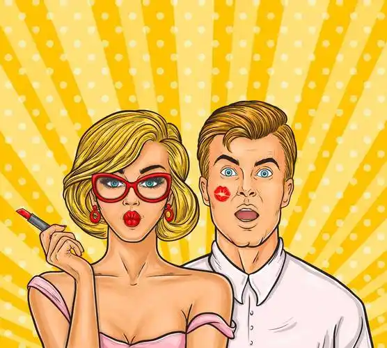 波普艺术性感女子涂红色口红亲吻一名男子图片