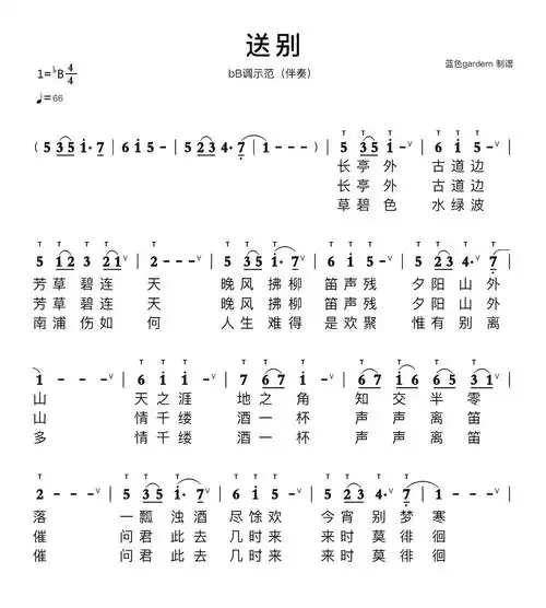 送别简谱 bb调示范(伴奏)