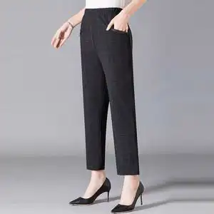 妈妈夏季薄款轻薄透气直筒长裤女士中老年宽松大码格子显瘦休闲裤